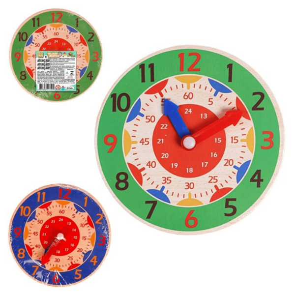 Relógio Didático Simples 14cm, Brinquedo Pedagógico, Colorido, madeira.