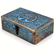 Vintage handgefertigte Schmuckschatulle/Aufbewahrungsbox aus Paulownienholz mit geschnitztem Lebensbaum-Motiv, elegantes Unikat als Geschenk für Männer und Frauen (Flammenbehandelte Handwerkskunst), geeignet für Geburtstage, Muttertag, Verlobung, Einweihungsgeschenke und andere Anlässe