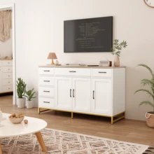 Credenza da Cucina, Mobile Contenitore con 4 Ante e 6 Cassetti, Mobile da Cucina con Ripiani Regolabili, Mobile Basso da Cucina, Stile Nordico, per Soggiorno, Cucina, Sala da Pranzo e Bagno, 140x40x80 cm, Bianco - Bianco - Visualizzare 7