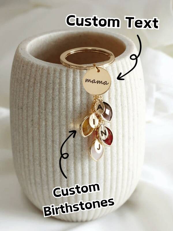 1 Pc/Set Personalized Birthstone Keychain With Engraved Name, Metal Keychain For Mama, Leaf Initial Design, Heart-Shaped Pendant