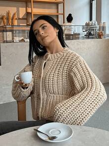 GDDYIN Women's Solid Color Ribbed Pocket Button Casual Daily Thick Knit Jacket, Autumn - Beige - View 6