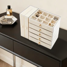 Large Capacity Jewellery Storage Box With Drawers And Clear Side Door – Multi-Layer Organiser For Earrings, Necklaces, Rings & Bracelets – Elegant Dressing Table Storage Solution - Beige - View 2