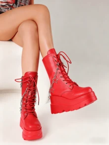 Women Platform Y2K Fashionable Heel Gothic Round Toe Boots Combat Motorcycle Punk Lace Up Boots With Side Zipper Boots - 紅色 - 查看 4