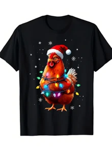 Herren-T-Shirt mit festlicher Hühner-Weihnachtsbeleuchtungsgrafik, Rundhalsausschnitt mit Feiertagsgrafikdruck, perfekt für Weihnachtsfeiern und den lässigen Alltag, weicher und bequemer Stoff.