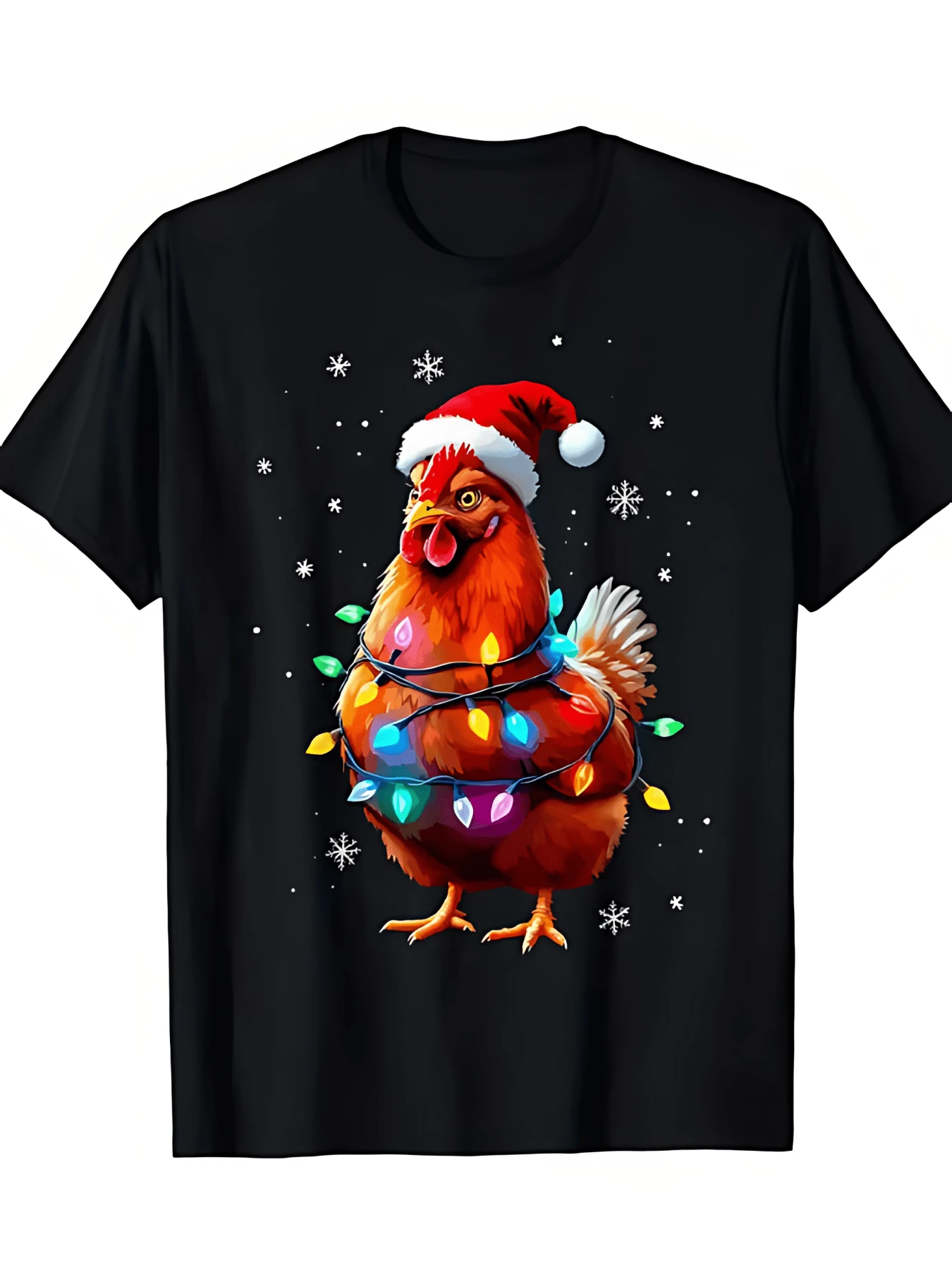 Herren-T-Shirt mit festlicher Hühner-Weihnachtsbeleuchtungsgrafik, Rundhalsausschnitt mit Feiertagsgrafikdruck, perfekt für Weihnachtsfeiern und den lässigen Alltag, weicher und bequemer Stoff.