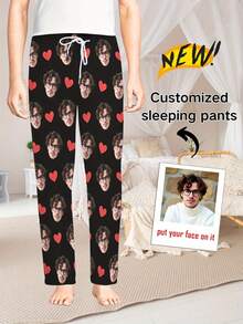 Customized Men's Funny Drawstring Pajama Pants - Personalized Photo & Heart Design, Light Green Polyester Casual Lounge Pants - Perfect Valentine's Day Gift For Boyfriend Or Loved One