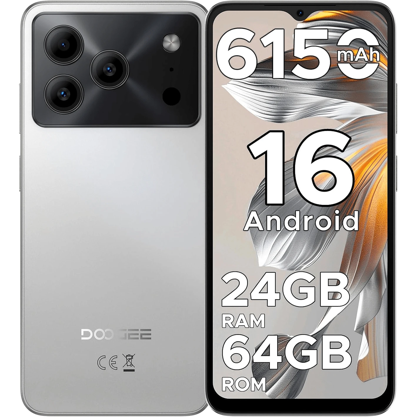 DOOGEE Note 56 Android 16 智慧型手機 無合約，6150mAh 電池，8.45mm 超薄 + 6.56" HD + 90Hz 平價手機，八核心，24 GB + 64 GB，4G 雙卡解鎖手機，臉部辨識/GPS/OTG - 自然色 - 查看 1