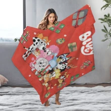 Bluey 1 pieza Manta de franela estilo invernal navideño Brui, manta de poliéster con fondo rojo y diseño de dibujos animados Brui, manta suave y cómoda