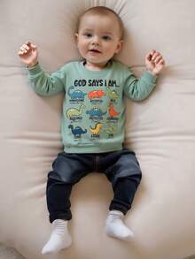 Sudadera de otoño para niño pequeño con estampado de dinosaurio y letras, manga larga, cuello redondo, blusa holgada - Verde - Ver 7