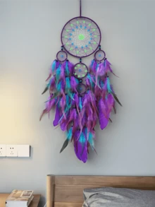 1pc 5-Ring Glow-In-The-Dark Stone Boho Style Handmade Feather Wind Chime Dream Catcher, Fashionable Home Decor Wind Chime Dream Catcher, For Home, Wedding, Room Decoration (Feathers Are Artificial) - Five-ring Luminous Color - View 10