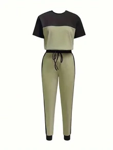 2pcs Set Casual Colorblock Short Sleeve Crew Neck T-Shirt And Extended Pants - Matcha Green - View 3