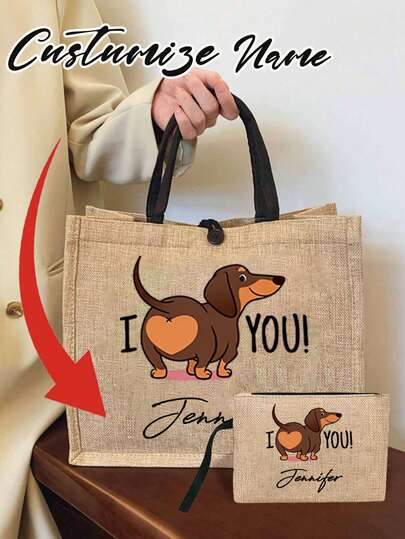 Bolsa de lona personalizable con estampado de salchicha, se puede personalizar con letras, nombres, etc. Esta es una bolsa de almacenamiento portátil y casual con un diseño novedoso, gran capacidad, ideal para viajes, compras, almacenar cosméticos y como bolsa de maquillaje de gran capacidad para viajes.