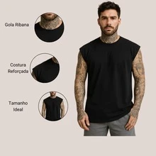 Kit 3 Men's Oversized Tank Tops Macho Workout Gym Streetwear Plain Premium - 海軍藍/白色/棕色 - 查看 4