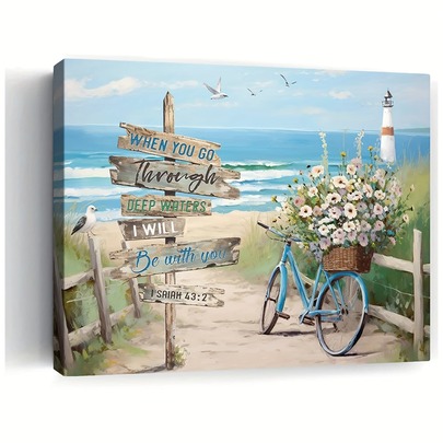 1pc Frameless Beach Canvas Wall Arts Bathroom Ocean Picture, Seaside Bike With Fence Canvas Posters, Seascape Painting Teal Aqua Blue Calm Coastal Artwork Modern Coasta