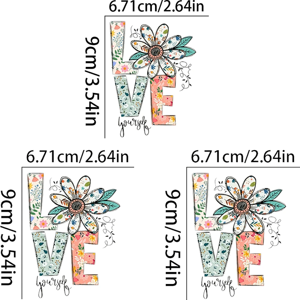 Blumen "LIEBE Dich selbst" Vinyl Wärmeübertragung Aufkleber, gemischte Farbe Bügelbild für T-Shirts, Kissen, DIY Kleidung Dekoration, Bastelzubehör - Verschiedenfarbig - Übersicht 4