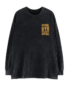 Oversized Vintage Black Cotton Washed Long Sleeve T-Shirt For Women, Letter Print, Loose & Slimming Design - Black - View 4