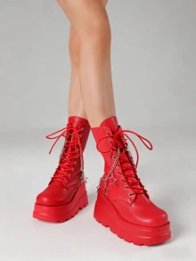 Women Platform Y2K Fashionable Heel Gothic Round Toe Boots Combat Motorcycle Punk Lace Up Boots With Side Zipper Boots - 紅色 - 查看 5