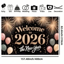1 件 2D 平面 2026 年新年背景横幅 - 由涤纶面料制成，带有金色烟花、气球和“欢迎 2026”字样，非常适合 2026 年新年派对装饰、派对庆祝活动、照片拍摄和墙壁装饰背景、花园、露台、室内和室外节日装饰 - 彩色 - 查看 15