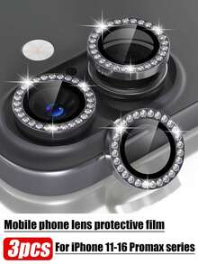 Bộ 3 miếng dán bảo vệ ống kính camera, kính cường lực 9H, phụ kiện vòng kim loại trang trí, phù hợp với 17/16/16 Plus/16 Pro Max/16 Pro/15 Pro Max/15/15 Pro/15 Plus/14 Pro Max/14/14 Pro/14 Plus/13 Pro Max/13/13 Pro/12/11 (Đen kim cương) - màu đen - Xem 16
