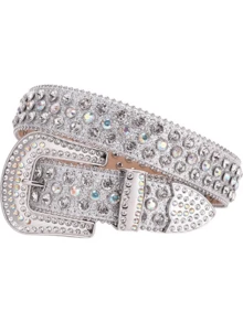 1pc Solid Color Crystal Studded Belt, Shiny Punk Hip-Hop PU Leather Belt Dresses Old Money Vintage Autumn/Fall Urban Outfit Classic Christmas Winter Fashion Daily Men Boyfriend Gift - 銀色 - 查看 6