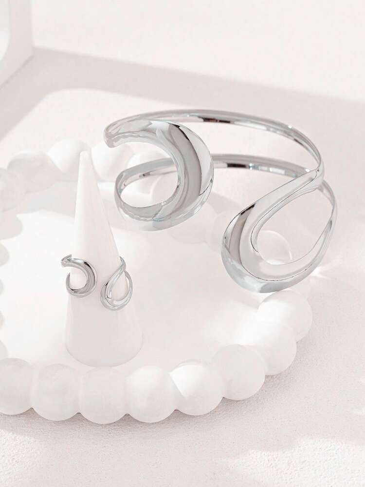 1 Set de Anillos y Pulsera Geométricos Huecos para Mujer - Plateado - Añade 2