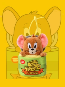 Classic Tom & Jerry Jerry Cheese Can Plush Keychain - Soft Green Fabric with Yellow Cheese Prints & "CHEESE" Text, Brown Furry Mouse (Pink Ears, Curious Expression) Emerging from Can, Yellow Elastic Strap, 20cm Height, Paired with Tom's Catpack Can, eal for Strap, 20cm Height, Paired with Tom's Catpack Can, eal for Strap, M - 傑瑞 - 查看 5
