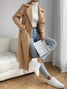 秋季女士翻领双口袋腰带长款女式外套 - 卡其色 - 查看 1