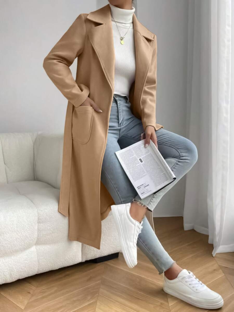 秋季女士翻领双口袋腰带长款女式外套 - 卡其色 - 查看 1