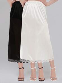 QING ROU 两件套舒适塑身吊带裙套装，纯色无缝吊带裙，撞色蕾丝边衬里，日常穿着塑身衣 - 彩色 - 查看 9