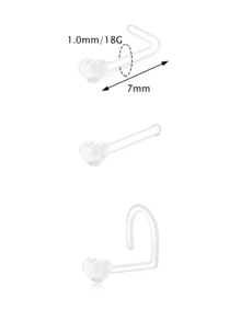 CIZME 3pcs Transparent Heart Shaped Nose Rings, Bioflex Nose Rings, L-Shaped Nose Studs, Unisex Body Piercing Jewelry, Nose Piercing Retainers