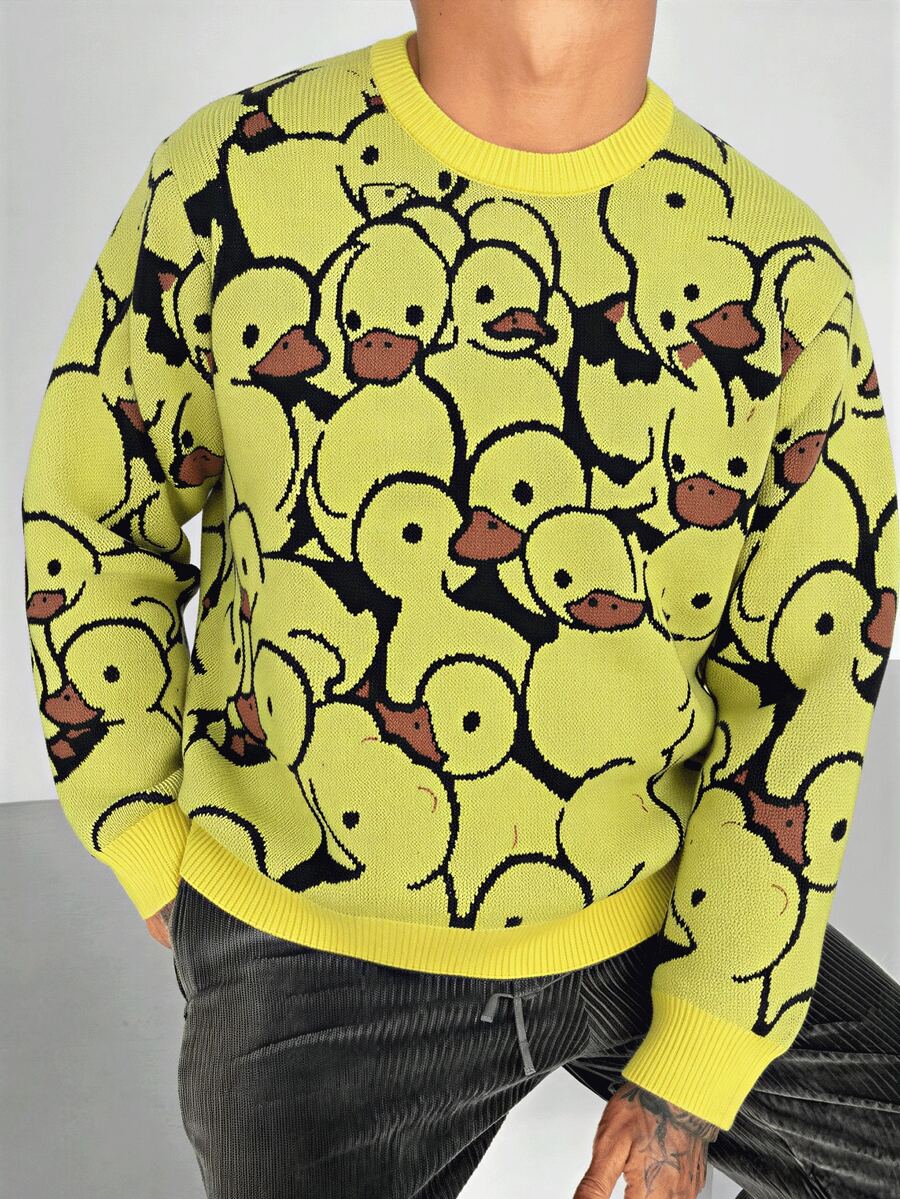 Maglione con stampa carina di anatroccoli, maglia lavorata a maglia casual e vintage oversize