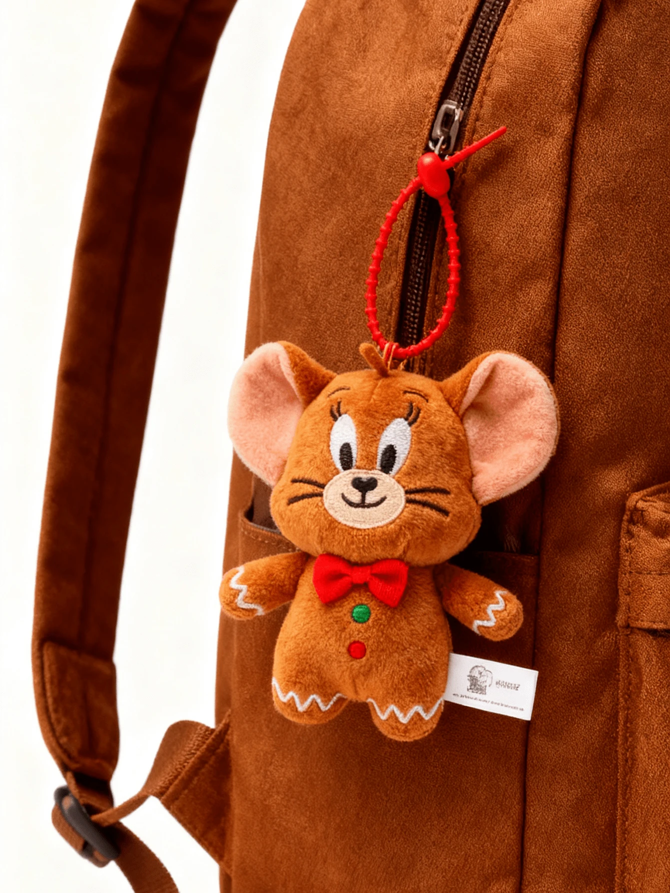 Officially Licensed Tom & Jerry Gingerbread Jerry Plush Keychain – Brown Furry With Pink Ears, Black Eyes & Red Bowtie, White Frosting Edges & Green/Red Buttons, Red Webbing Strap, 11cm/4.33inch Compact Size, Ideal For Bag Charms/Key Fobs, Cartoon Collectors & Animation Fans
