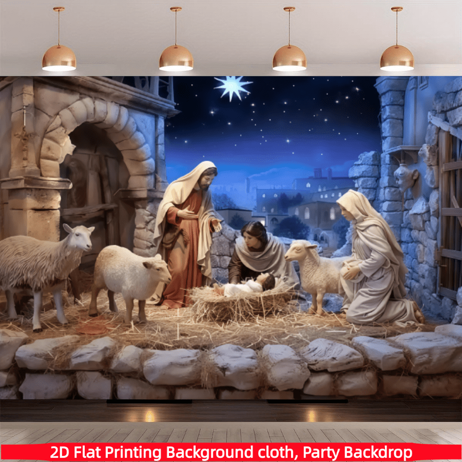 1 Stück 2D flache Jesus Weihnachtskrippe Kulisse, Polyestermaterial, Heilige Familie, Lamm, geeignet für Weihnachtspartyzubehör, Weihnachtsaußendekoration. Verwendbar für Feierlichkeiten, Weihnachtsdekoration für Zuhause, Garten, Terrasse, Innen-/Außendekoration, Themenfeiern, Feiertage und Fotorequisiten, Weihnachtsdekoration