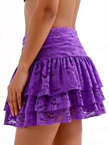 Women's Summer Lace Floral Skirt High Rise Tiered Ruffled Flowy Short Mini A Line Skirt Streetwear - 深紫色 - 查看 1
