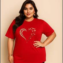 Plus Size Women's Printed T-Shirt Gym Painted Heart 100% Premium Cotton Short Sleeve Summer Blouse Shirt - 紅色 - 查看 1