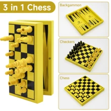 1 pièce Échiquier mini pliable 3-en-1 vert/jaune, 3 modes de jeu : échecs, dames, morpion, plateau en bois portable pour 2 joueurs, jeux de famille et d'extérieur, excellent cadeau pour Pâques, Noël, Halloween, anniversaire - Multicolore - Voir 8
