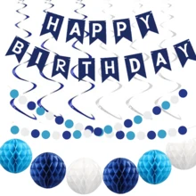 蓝色生日装饰 - 海军蓝生日快乐横幅，配有 6 个蜂窝球、6 个金属悬挂漩涡和圆点花环装饰，适用于男士生日派对装饰 - 藍色螺旋套 - 查看 1