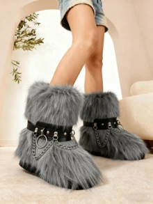 Women's Winter Furry Snow Boots Fuzzy Fluffy Round Toe Suede Booties Flat Heel Slip On Outdoor Indoor Shoes Fashion Warm Fluffy Shoes