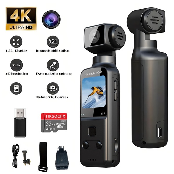 4K USB 可充电 270° 旋转摄像机，配备 1.33 英寸 CMOS 传感器，稳定 - 便携式 Vlogging 摄像机，适用于视频和直播