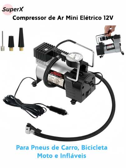​​Esteja Sempre Preparado! Compressor de Ar 12V para Pneus, Bicicletas, Bolas e Colchões Infláveis​