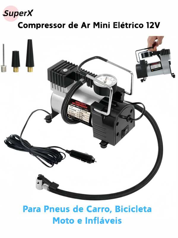 ​​Esteja Sempre Preparado! Compressor de Ar 12V para Pneus, Bicicletas, Bolas e Colchões Infláveis​