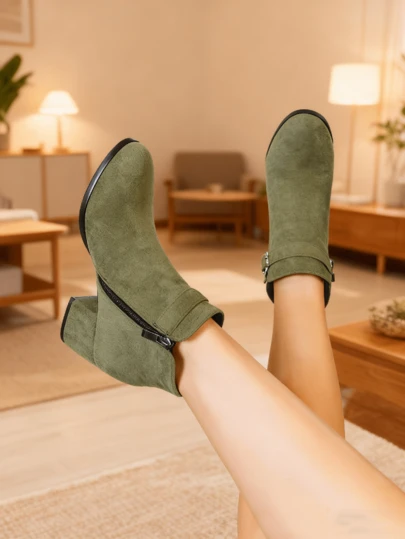 Plus Size Women's Chunky Heel High Heel Solid Black Casual Side Zipper Heart Decor Strap Ankle Boots, Comfortable Short Boots