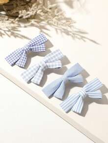 4pcs Minimalist Solid Color + Plaid Preppy Style Bowknot Hair Clips, Suitable For Daily Life And Campus Activities For Girls - Multicolor - View 5