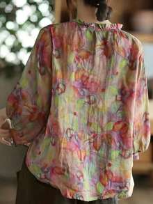 女士全印花纽扣门襟荷叶边休闲宽松衬衫上衣 - 彩色 - 查看 2