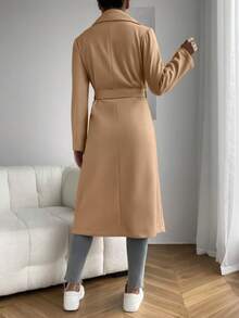 秋季女士翻领双口袋腰带长款女式外套 - 卡其色 - 查看 2