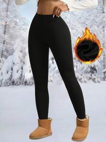 女士保暖加厚高腰紧身裤，冬季运动保暖加厚紧身裤柔软瑜伽裤，女装 - 黑色 - 查看 3