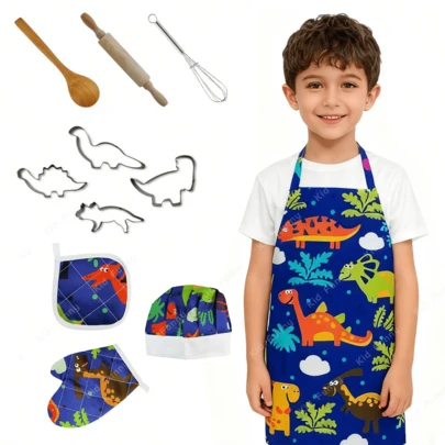 Kids Pretend Play Kitchen Baking Tool Set, Dinosaur Apron 4pcs/11pcs Set, Great Gift For Easter ,Toys For Girls,Kitchen Toys,Birthday Gift,Kitchen
