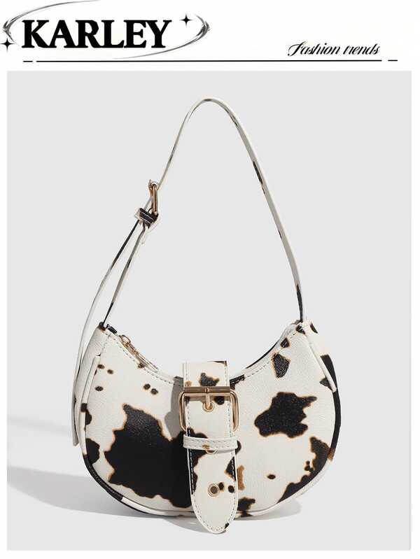 1pc Color Block Women's Handbag, Fashion Female Shoulder Bag, Retro Simple Tote, Crescent Saddle Bag, Leopard Print Mini Handbag, Adjustable Strap, Y2K Babe Underarm Bag