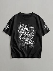 Basic Gothic Skull And Cross T-Shirt Men's Shirt - màu đen - Xem 7