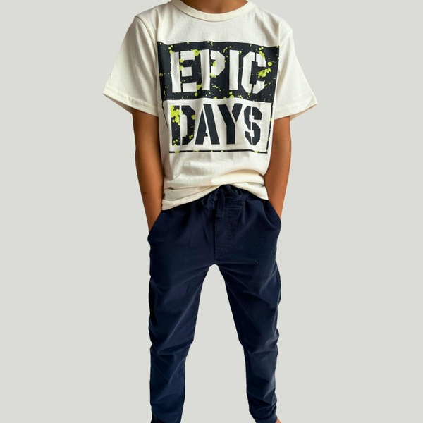 Calça de Sarja infantil com punho e amarração com elástico menino 2 ao 16